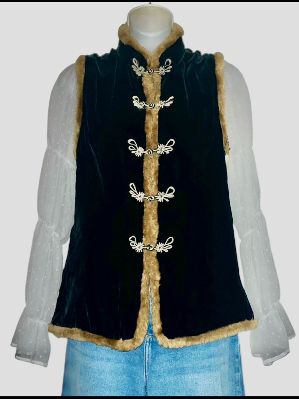 Faux Fur Trim Black Velvet Womens Cardigan Funnel Neck Vest Toggle Closures M